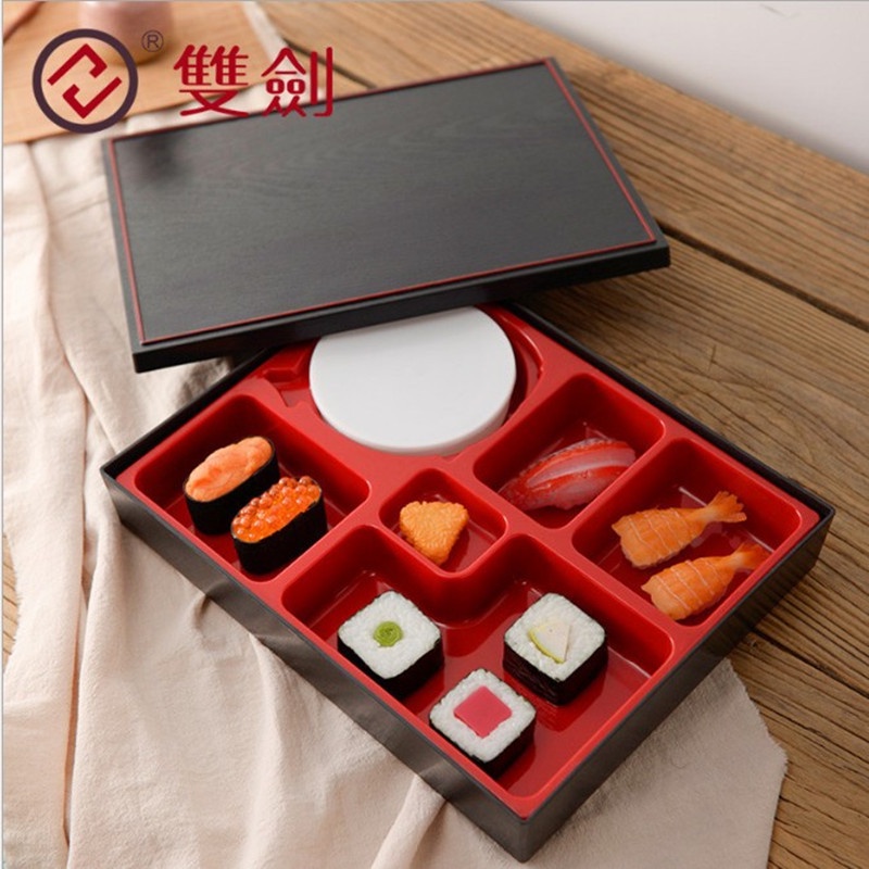 Hộp cơm Bento Nhật Bản cao cấp màu đỏ đen nhựa an toàn thực phẩm 6 ngăn - Miễn phí ship