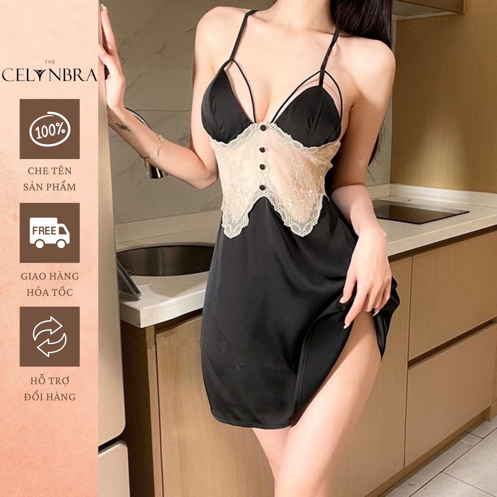 Váy ngủ lụa phối ren xuyên thấu có hàng cúc giữa sexy THE CELYNBRA - V70