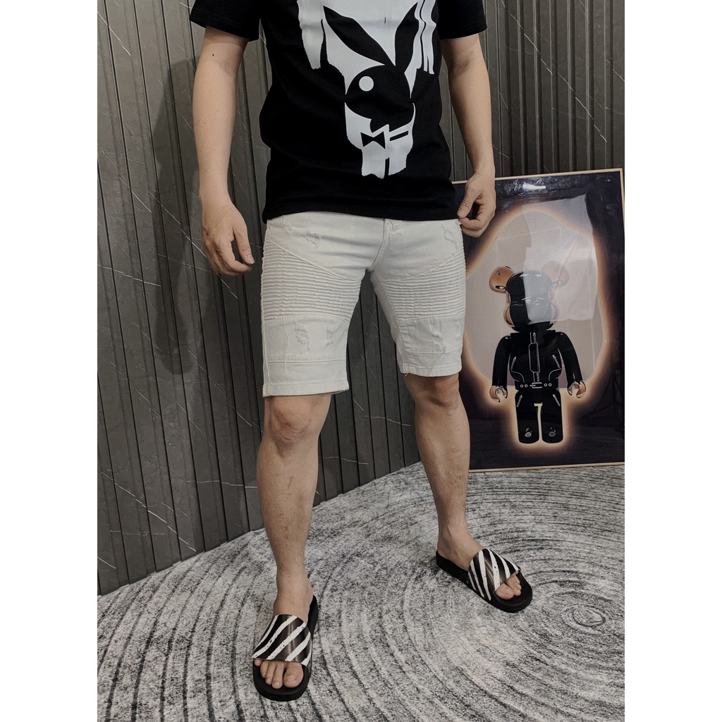 Quần short jean trắng viền