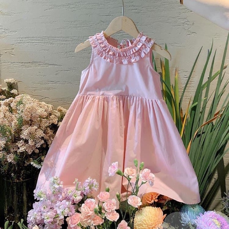 Váy bé gái tiểu thư cổ bèo dây đan lưng mầu hồng phấn 8-30kg XHN1204