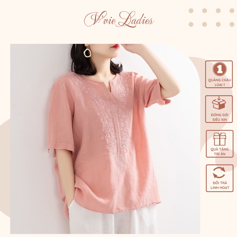 Áo Lanh trung niên nữ, mẫu áo thêu 5 màu cho mẹ, xuất xứ Quảng Châu V'vie Ladies #A02