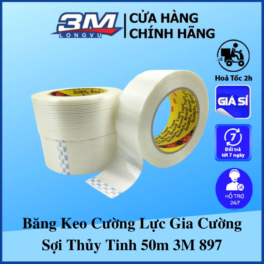 Băng Keo Cường Lực Gia Cường Sợi Thủy Tinh 50m 3M 897 - Chiu Được Mài Mòn, Độ Ấm, Ko Chảy Keo - 3M Long Vu