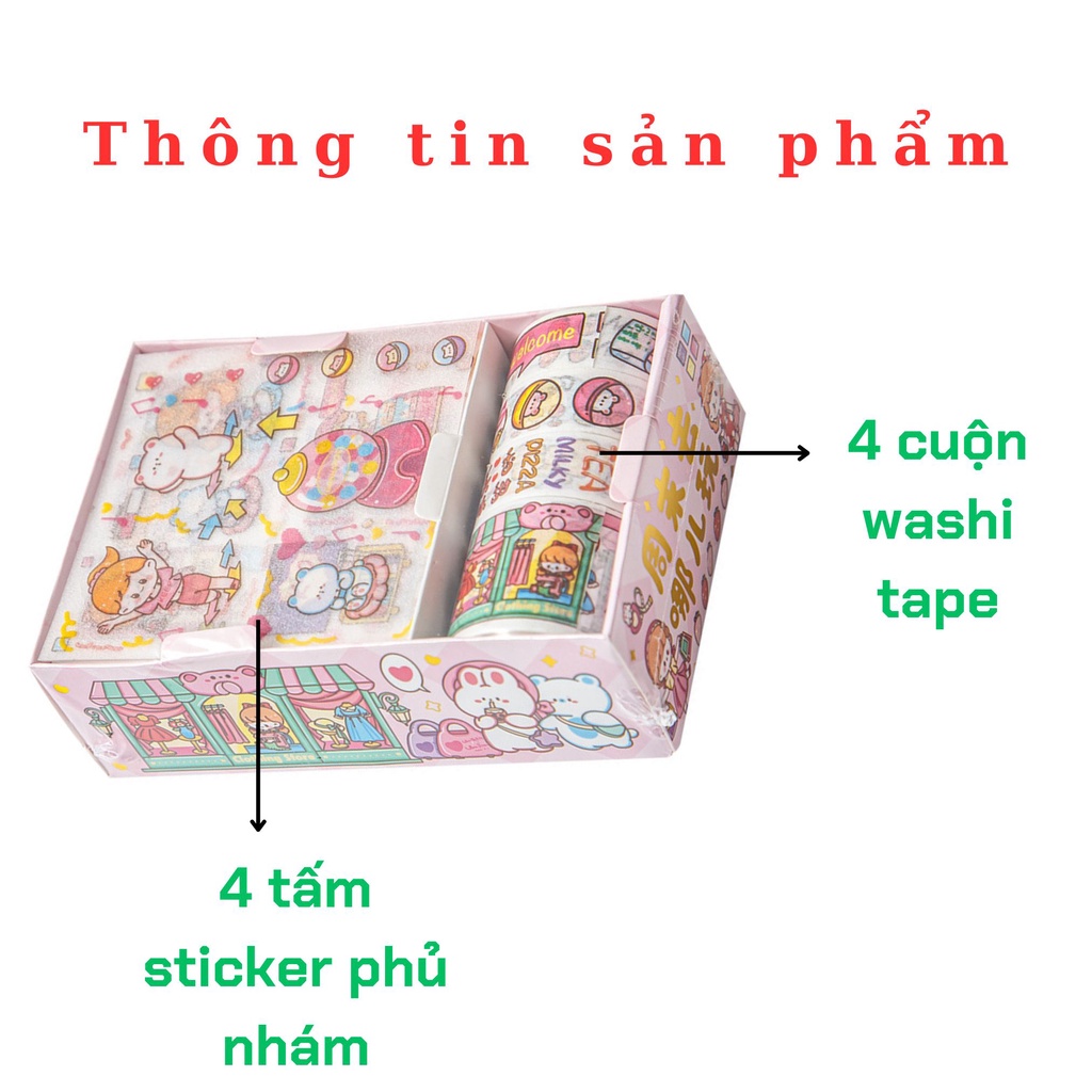 Hộp 8 món băng keo dính Washi tape + sticker dán trang trí sổ lưu niệm DIY hoa tiết hoạt hình cute