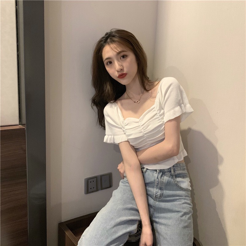 Áo thun nữ tay ngắn cổ vuông thanh lịch, quyến rũ, phong cách Hàn Quốc