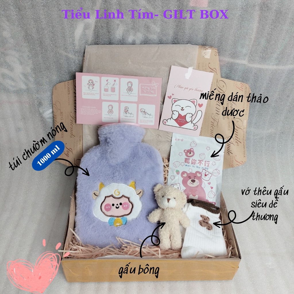 Box quà tặng bạn gái combo 5 món túi chườm nóng 500ml nhung mềm dễ thương