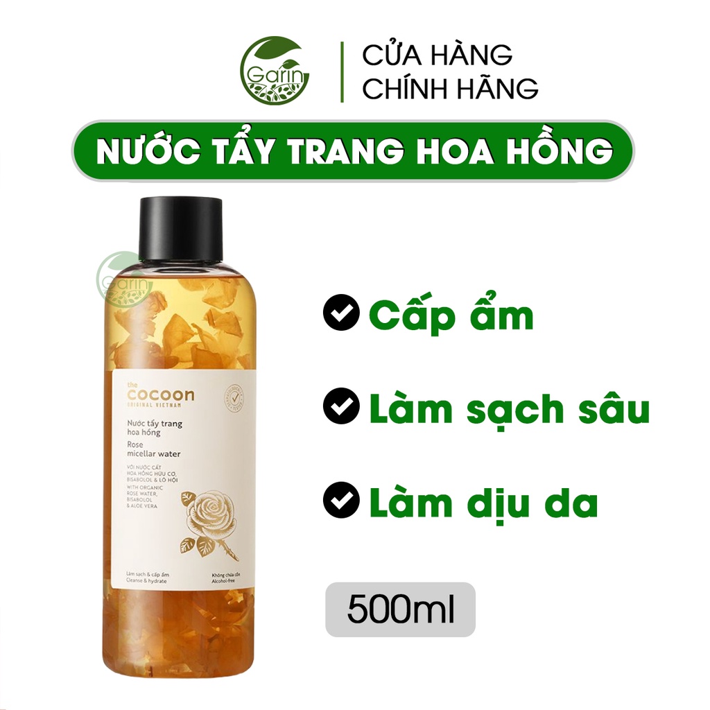 Nước tẩy trang hoa hồng Cocoon Garin bigsize 500ml làm sạch sâu lớp trang điểm