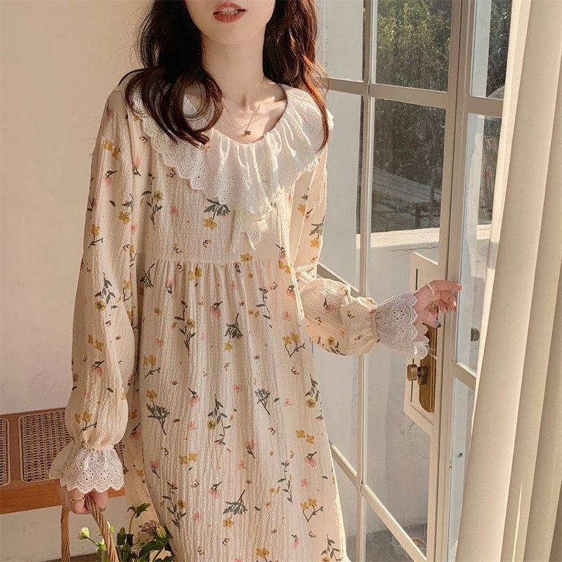 Váy ngủ xuông cổ sen đũi xốp mặc nhà dáng dài 2023