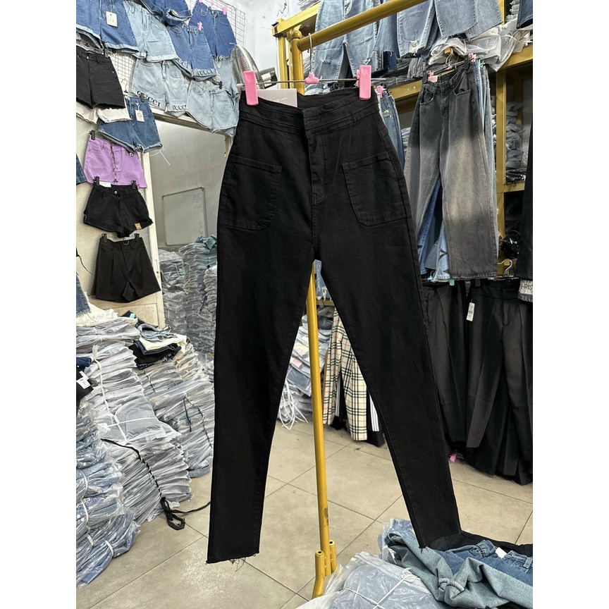 QUẦN JEAN ĐEN TRƠN LƯNG CAO 2 TÚI CO GIÃN J30 (TÁO ĐỎ BIGSIZE 55-90KG)🍎🍎🍎