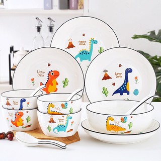 [XẢ KHO] Bộ bát đĩa sứ dùng được lò vi sóng 18 món hình chú khủng long - VS50