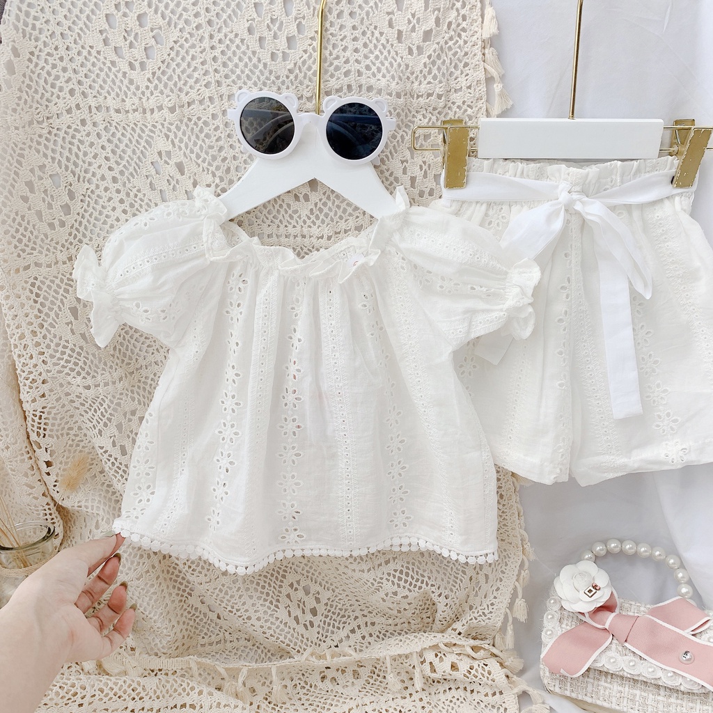 Set bé gái POPPY KIDS vải ren chất thô mềm họa tiết hoa mùa hè cân nặng  BG006