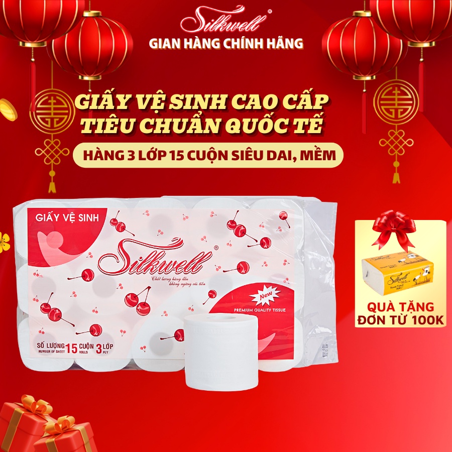 Giấy vệ sinh Silkwell 15 cuộn 3 lớp có lõi cao cấp, siêu mềm mịn không tẩy trắng hàng chính hãng