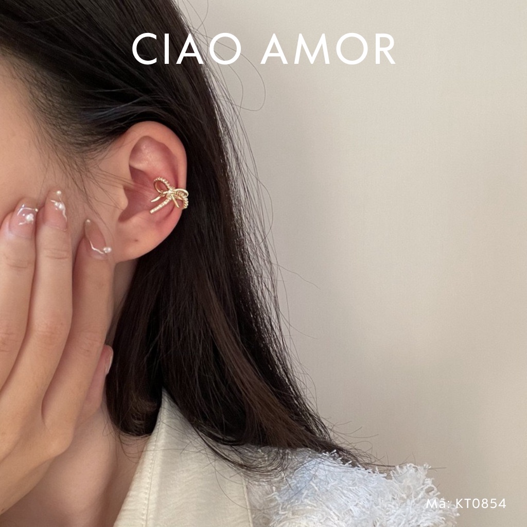 Khuyên tai nữ, Bông tai kẹp vành nơ đá ngắn Trang sức Ciao Amor - KT0854