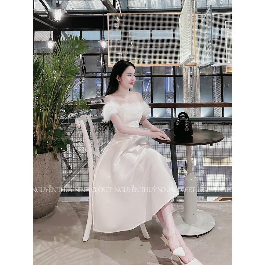 Đầm nữ trễ vai dáng xòe phối lông, váy nữ dự tiệc siêu sang chảnh
