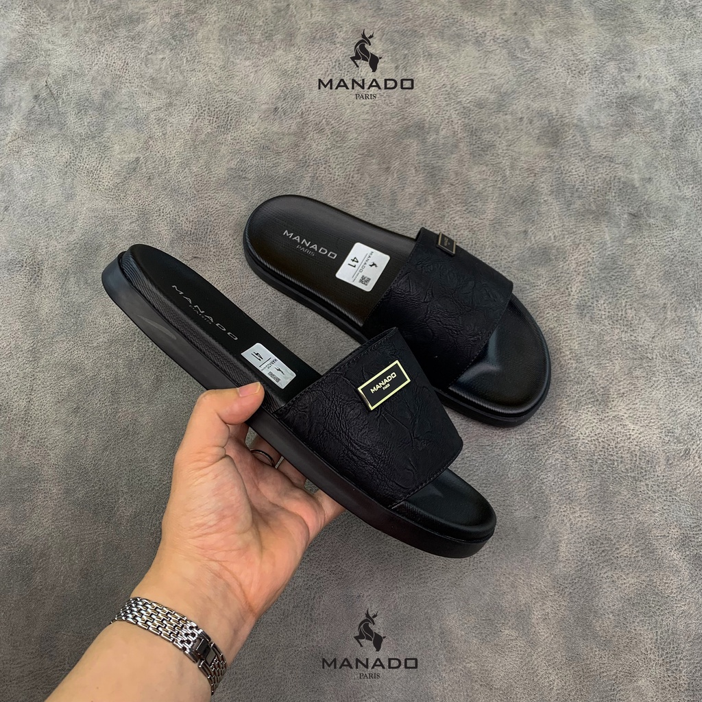 Dép da nam quai ngang cao cấp Manado Mã MND13 màu đen fullbox, quai da mềm mại, đế cao su mềm nhẹ