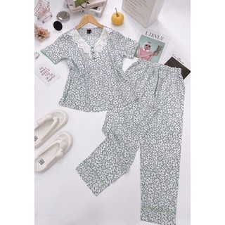 Đồ tole mặc nhà, bộ lanh dài tay ngắn phối ren, pijama vnxk f21