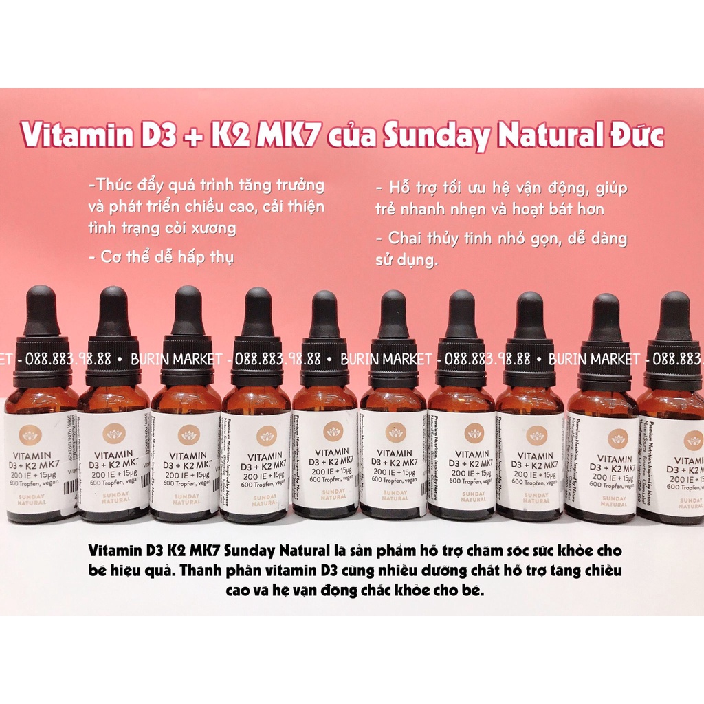 Vitamin D3 + K2 MK7 Sunday Natural 200 IE Đức hỗ trợ quá trình phát triển hệ cơ xương khớp cho trẻ nhỏ - Burin Market