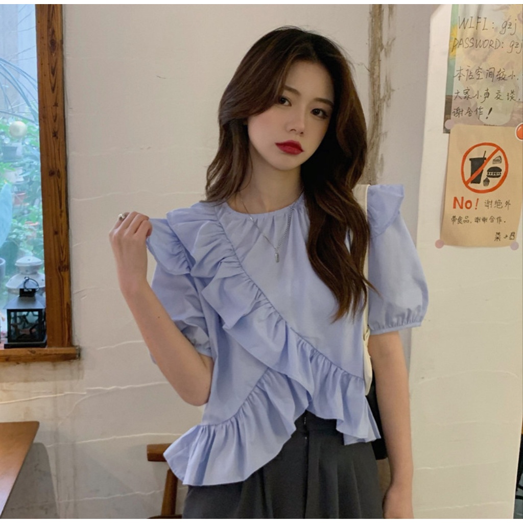 Áo kiểu babydoll bèo chéo tiểu thư dáng rộng ullzang phong cách Hàn Quốc