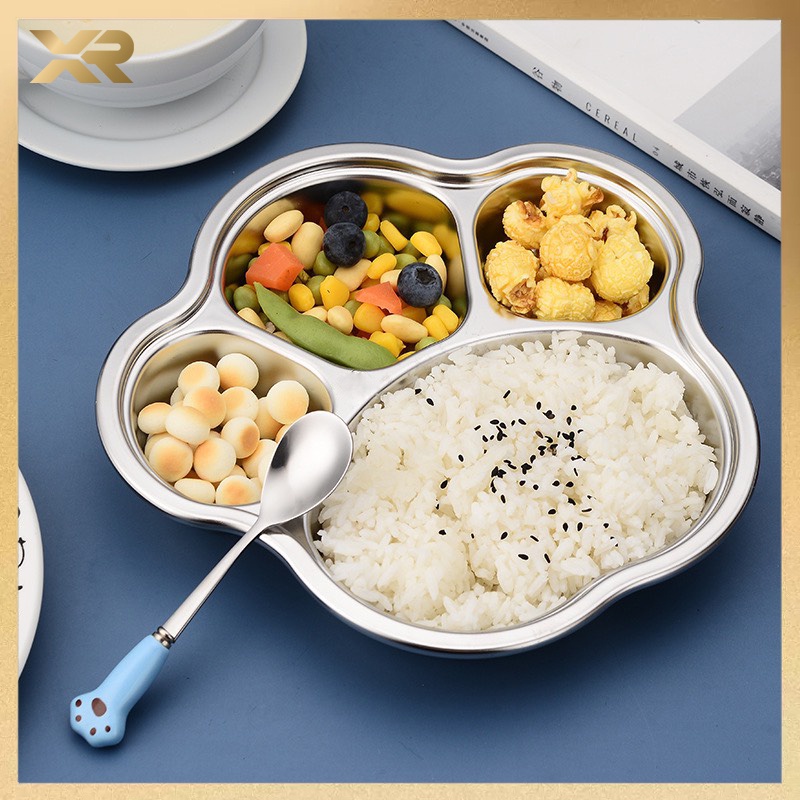 Khay ăn dặm inox an toàn cho bé khay cơm chia ngăn hình ô tô gấu