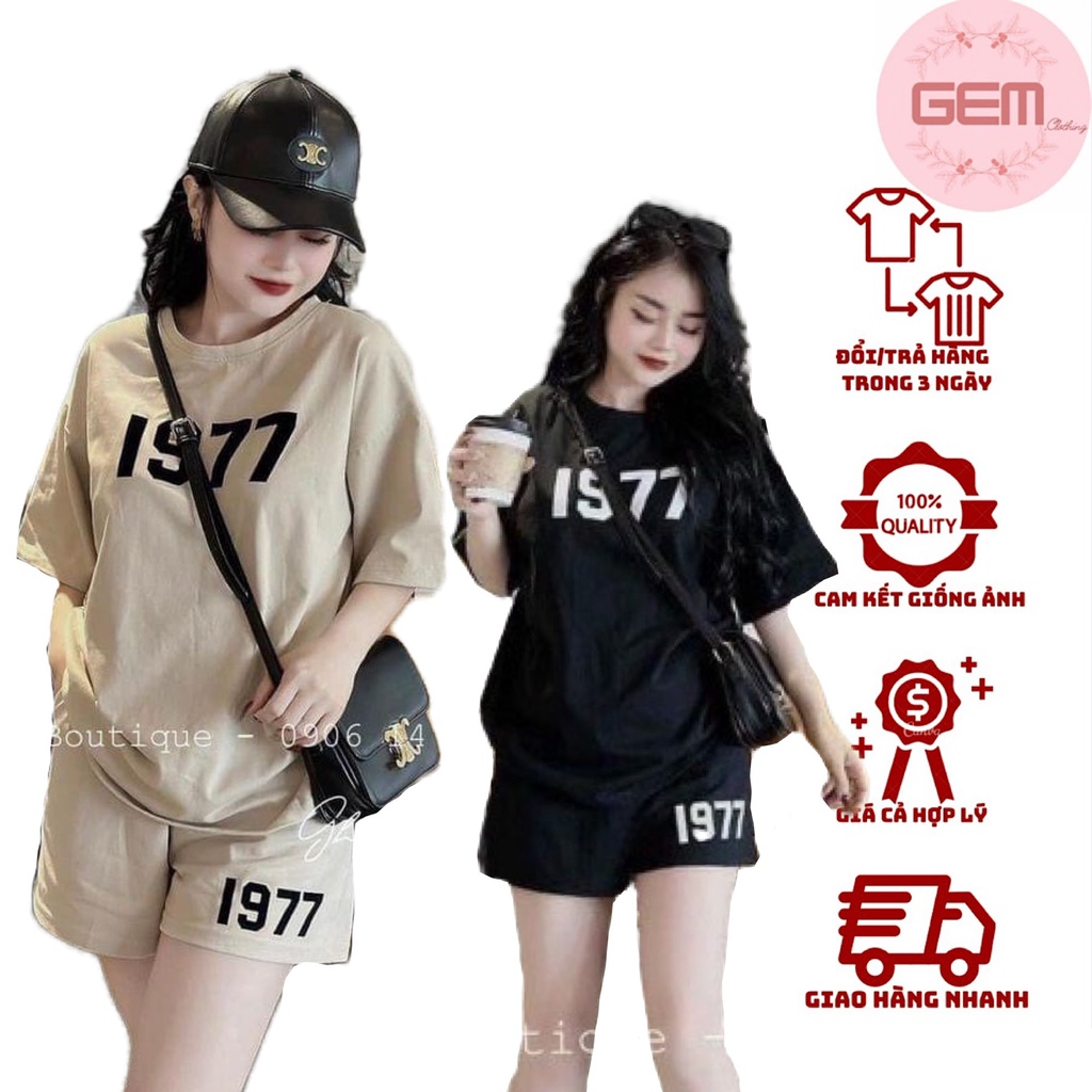 Bộ thun cộc tay nam nữ in 1977 chất cotton khô 3158 dày ulzzang form rộng , Set đồ unisex kiểu dáng Hàn Quốc