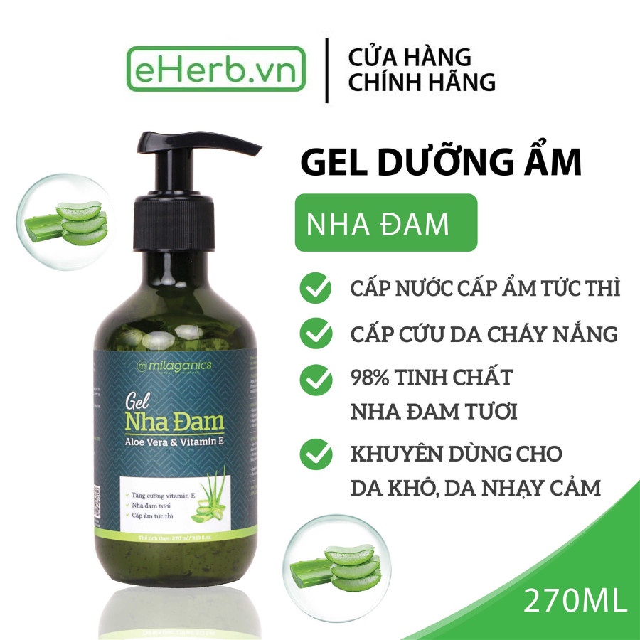 Dưỡng ẩm body nha đam tươi giúp làm mềm da, phục hồi dành cho da khô, vùng da sau wax lông MILAGANICS 270ml (chai)