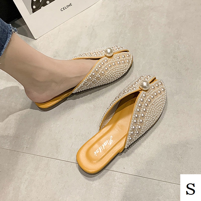 Dép Bít Mũi Đế Bằng Đính Hạt Ngọc Trai Phong Cách Mới Thời Trang Mùa Hè 2023