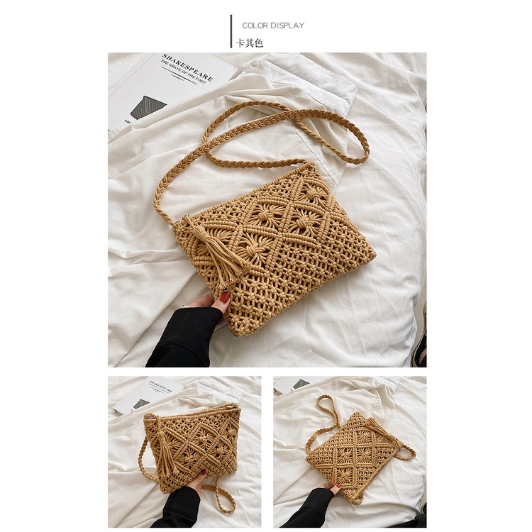 Túi cói đeo vai dây tua rua phong cách Macrame cho nữ