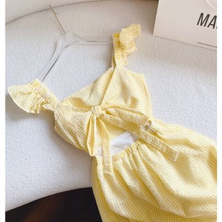 Váy midi sọc vàng cut out nơ lưng (Freesize)