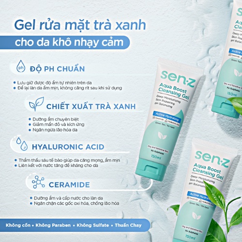 Gel Rửa Mặt Trà Xanh Cấp Ẩm Cho Da Khô Nhạy Cảm SenZ Aqua Boost Cleansing Gel pH 5.5