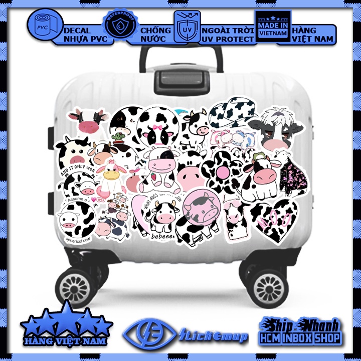Sticker BÒ SỮA CUTE , hình dán bò sữa cute, chống nước, STICKER dán mũ bảo hiểm, dán laptop, dán vali, dán xe, D