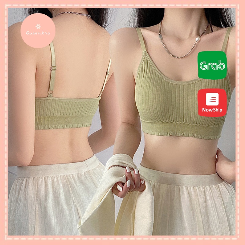 Áo bra cotton hai dây thun tăm cao cấp, thiết kế viền nhún mềm mại, Queen.Nga