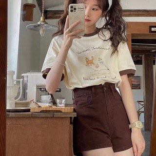 Quần sooc jeans nâu cạp cao A01