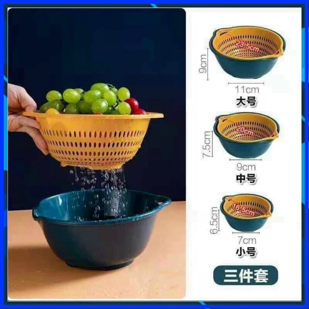 Bộ chậu nhựa kèm rổ xanh vàng vuông cao cấp 6 món dụng cụ nhà bếp đa năng tiết kiệm không gian