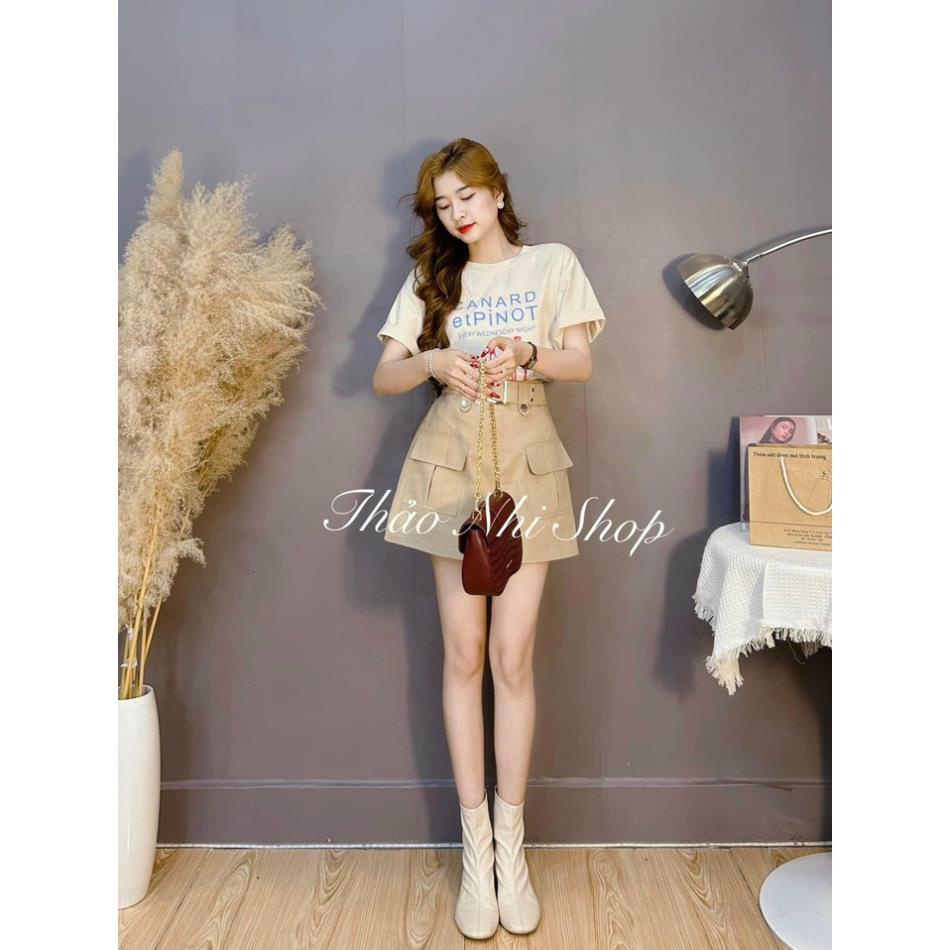 Set áo pull nude in chữ kèm chân váy dây belt thảo nhi shop cá ính năng động