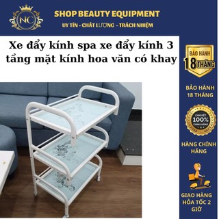 Xe đẩy kính spa | xe đẩy kính 3 tầng mặt kính hoa văn có khay