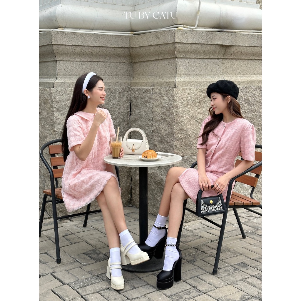 TUBYCATU | Đầm ren hoa hồng cổ sen