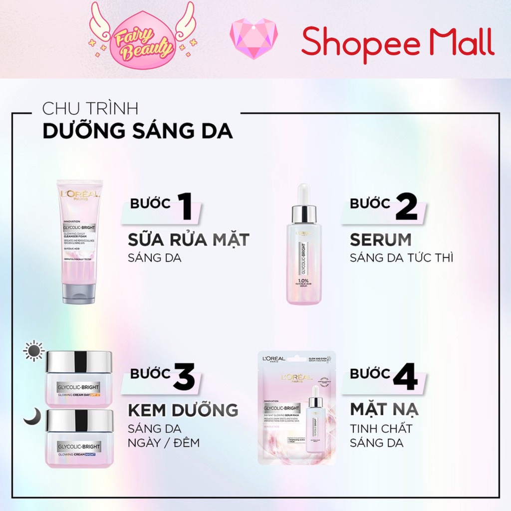 [L'OREAL PARIS] Sữa Rửa Mặt AHA - BHA Làm Sạch Sâu Giúp Sáng Da Và Mờ Thâm Nám Mềm Mịn Glycolic Bright 100ml