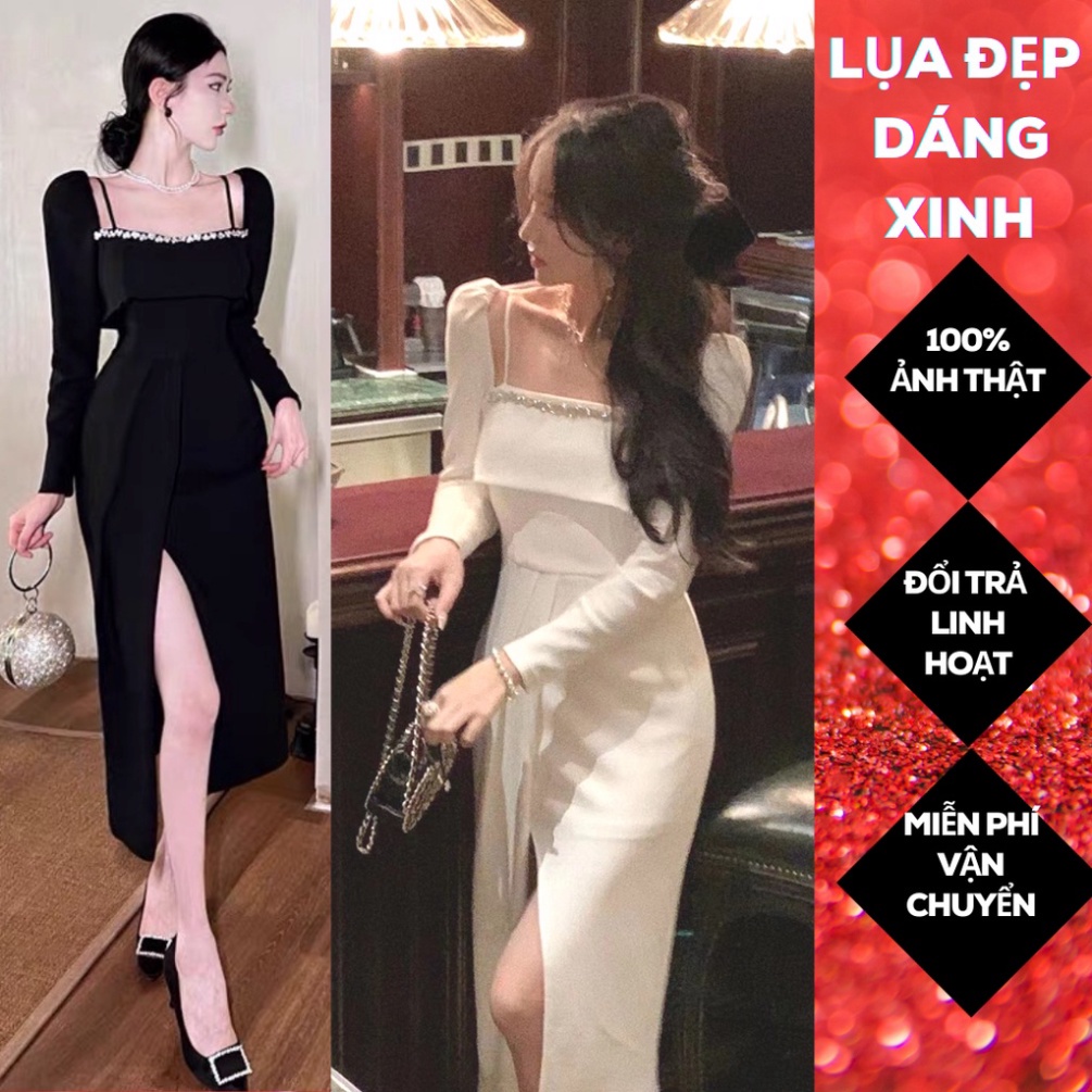 (Fom: <55kg) Maxa Cổ Vuông Viền Dá Xé Đùi Đầm Công Chúa,, Váy Công Chúa, Đầm Tiểu Thư JL55
