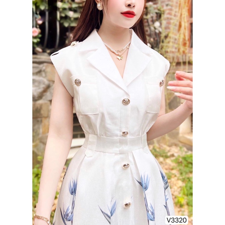 Đầm tafta cổ vest họa tiết con cò thiết kế ôm eo tôn dáng