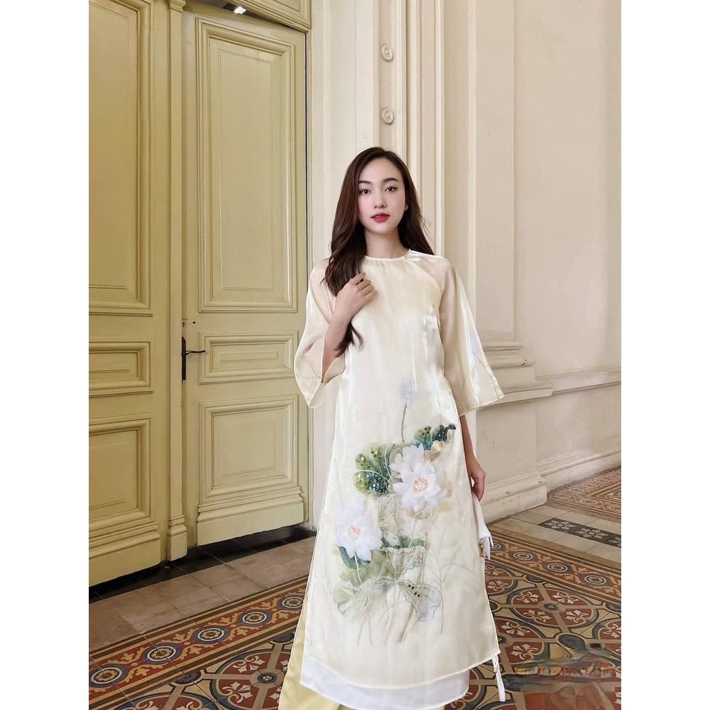 Áo Dài Cách Tân Dáng Suông -Tơ Organza cao cấp,Họa Tiết Đính Kết Hoa Sen