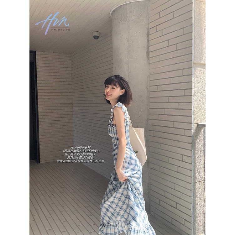 Đầm Hai Dây Cổ Vuông Eo Cao Dáng Dài Họa Tiết Kẻ Sọc Thời Trang Mùa Xuân 2023