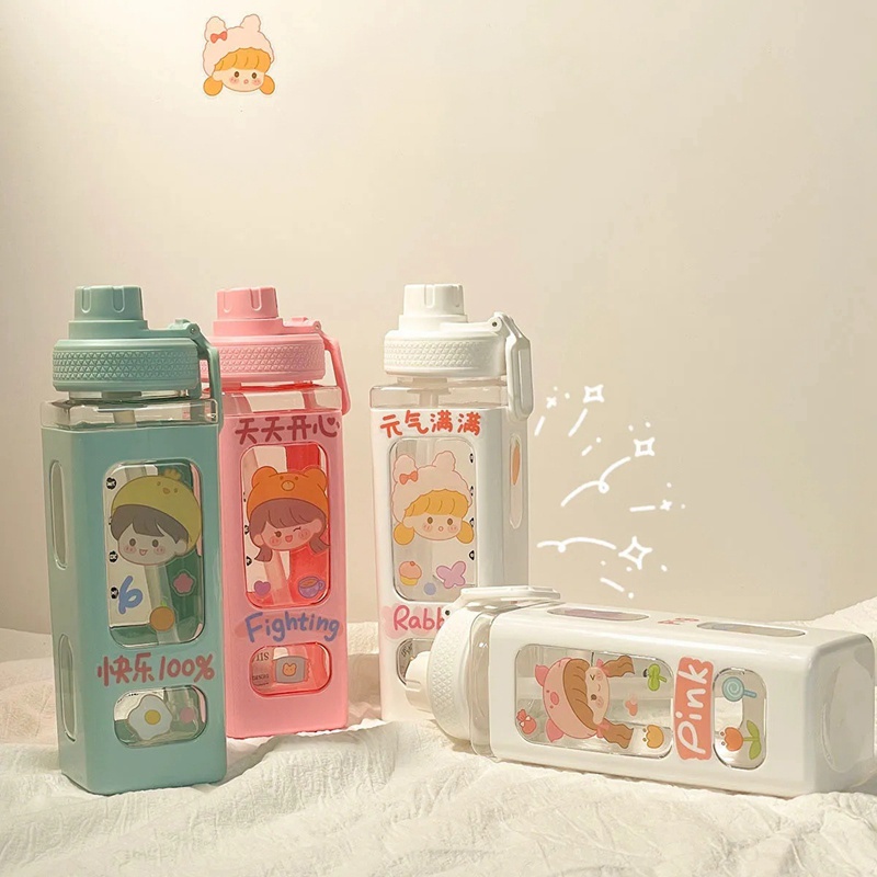 Bình Nước Cute Hình Vuông 700ml Kèm Stiker Dễ Thương