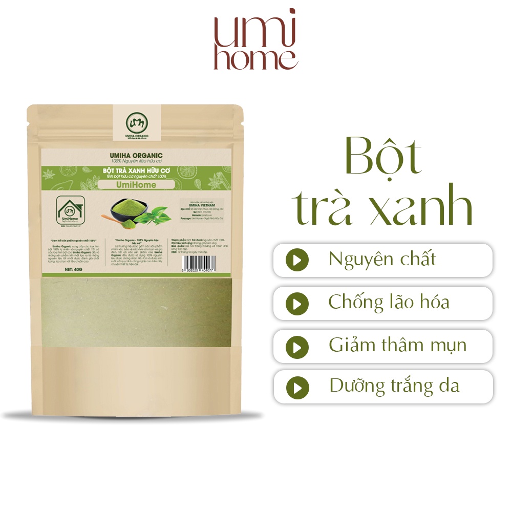 Bột Trà Xanh hữu cơ UMIHOME nguyên chất 40g đắp mặt nạ trắng da, ngừa mụn và thâm hiệu quả, chống lão hóa