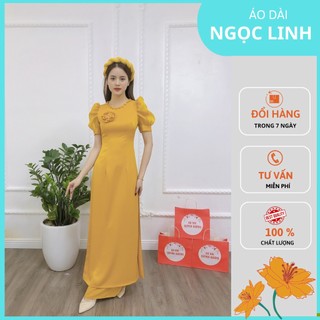 Áo dài cách tân màu vàng lụa tây thi đính cúc cổ kết hoa ngực-lt04