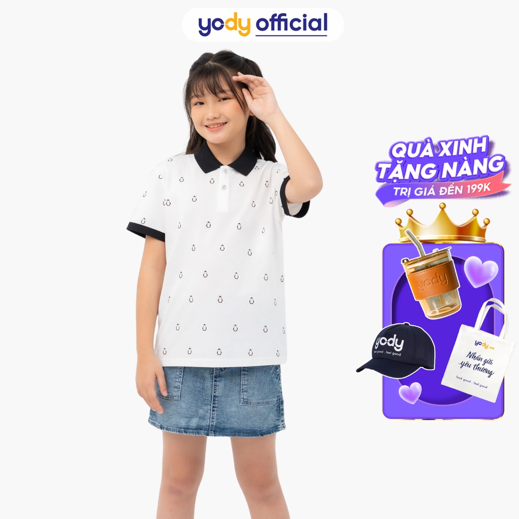 Áo polo trẻ em YODY chất liệu mắt chim in hình chim cánh cụt SIZE 8-14