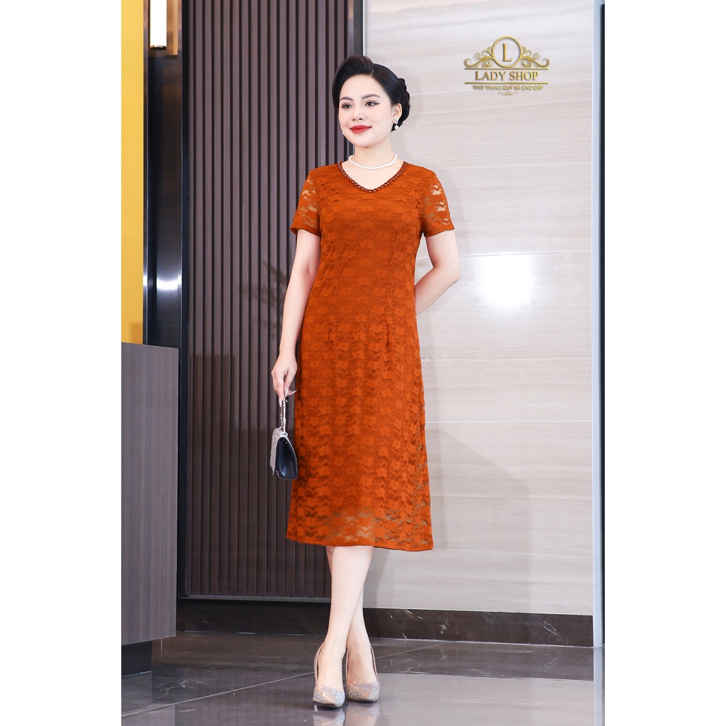 Đầm suông ren cổ tim kết thủ công Ladyshop thời trang trung niên cao cấp T115