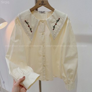 Áo sơ mi thô may viền chỉ nổi cổ thêu hoa