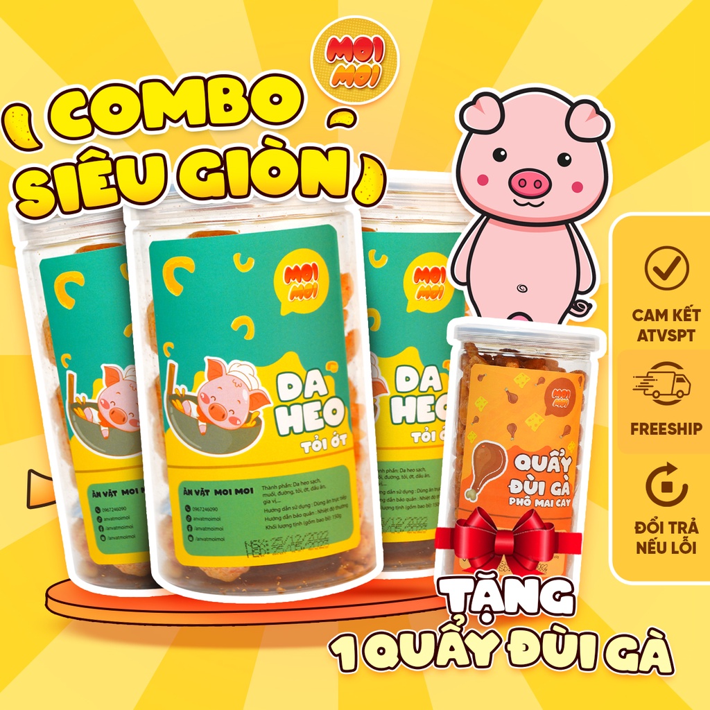 Combo 4 sản phẩm Siêu Giòn: 3 Hũ da heo tỏi ớt - Tặng 1 hũ quẩy đùi gà - Đồ ăn vặt MoiMoi