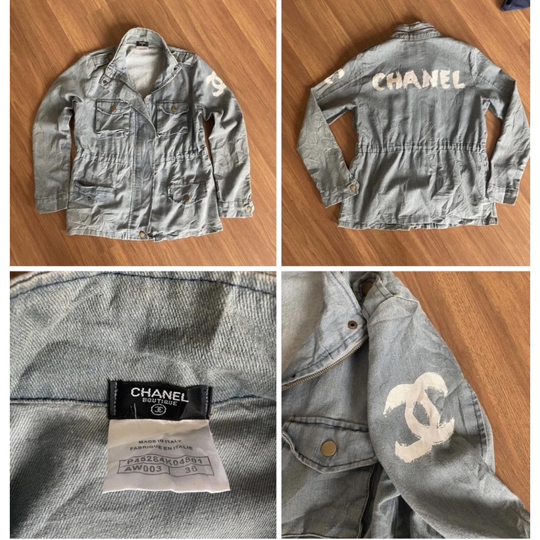 •Áo khoác nữ jean hiệu Chanel nữ thắt eo hoạ tiết sơn logo hãng•