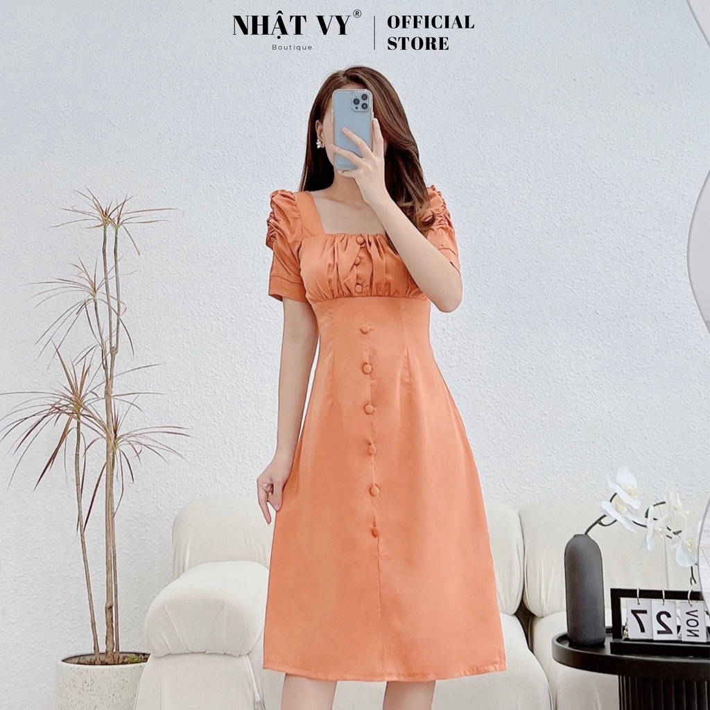Đầm dự tiệc Nhật Vy tay cách điệu nhún ngực phối cúc bọc chất lụa phù hợp công sở đi chơi dạo phố sang chảnh - D2557