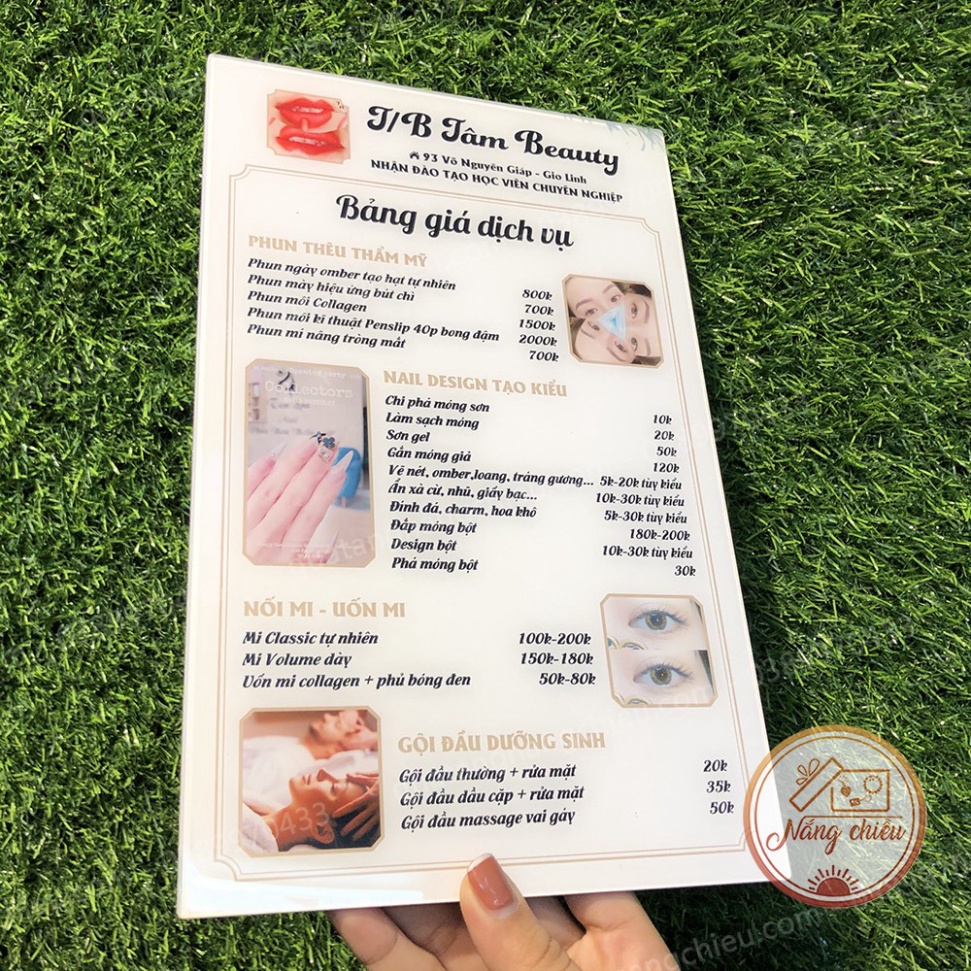Bảng giá phục vụ cho tiệm thẩm mỹ và làm đẹp viện, menu giá cho tiệm nail, gội đầu in và xây đắp theo yêu